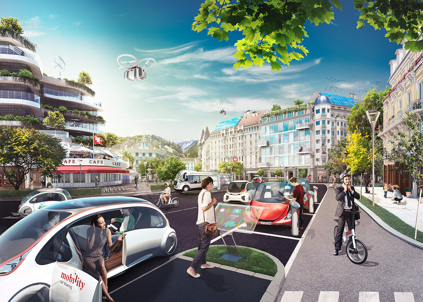 mobility futuristic city CGI swiss Carsharing year 2030