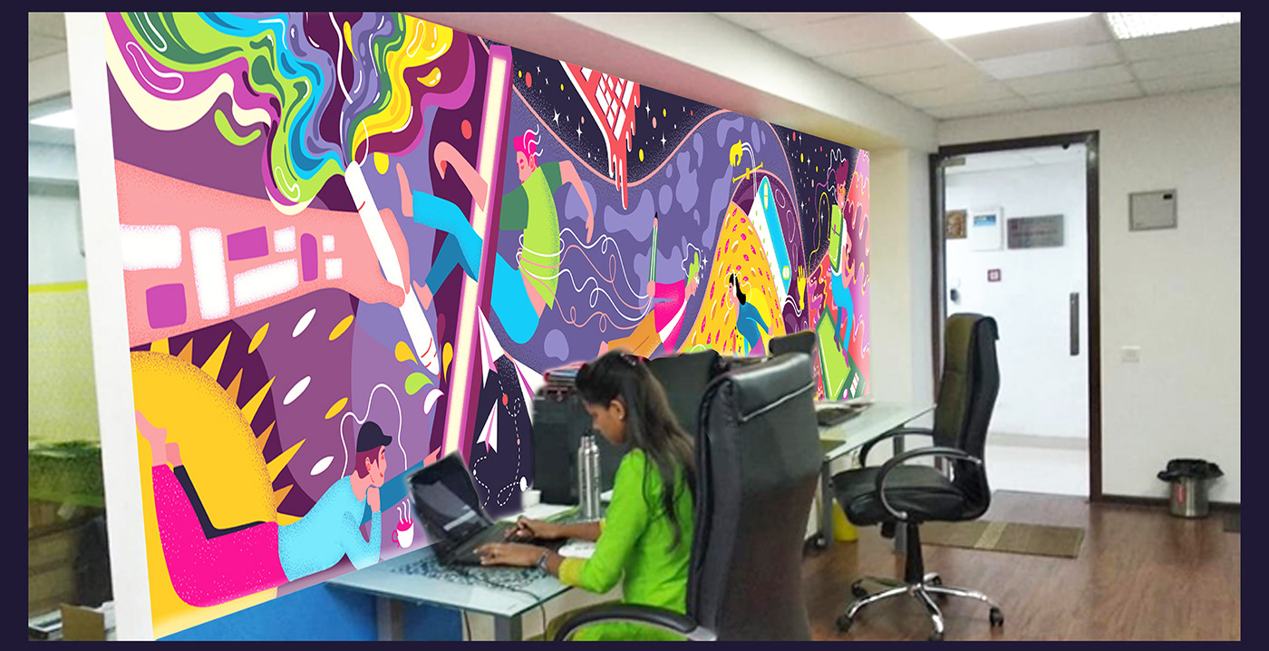 Wall murals ILLUSTRATION  wacom Office spaces wall art interior design  graphics design Interior Branding branding 