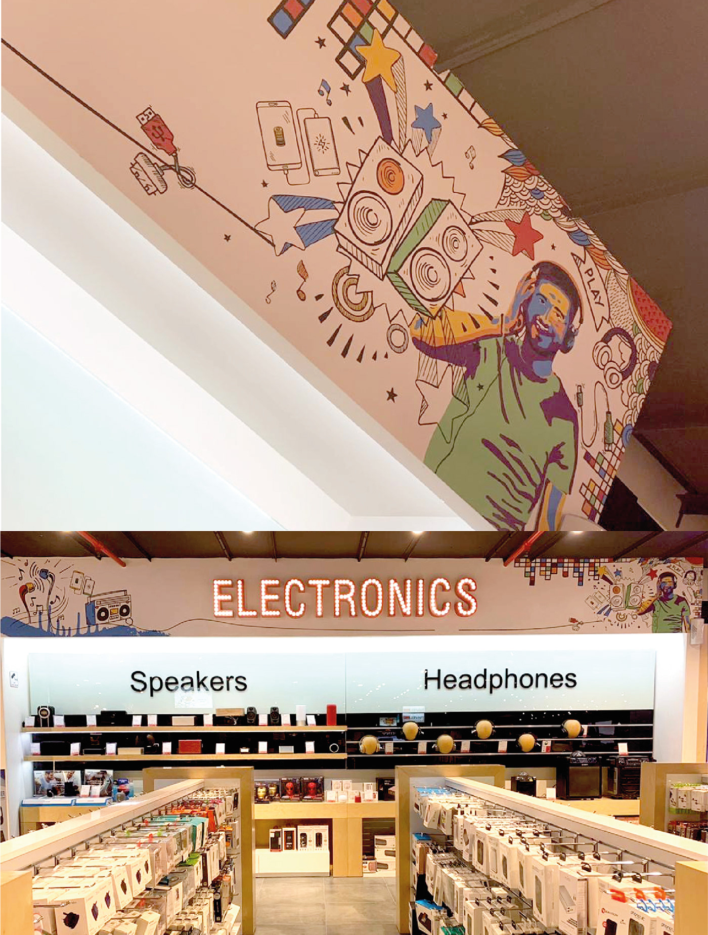 store design environmental design illustrations colorful saudi stores. arabic Shop design Signage wall art Fun