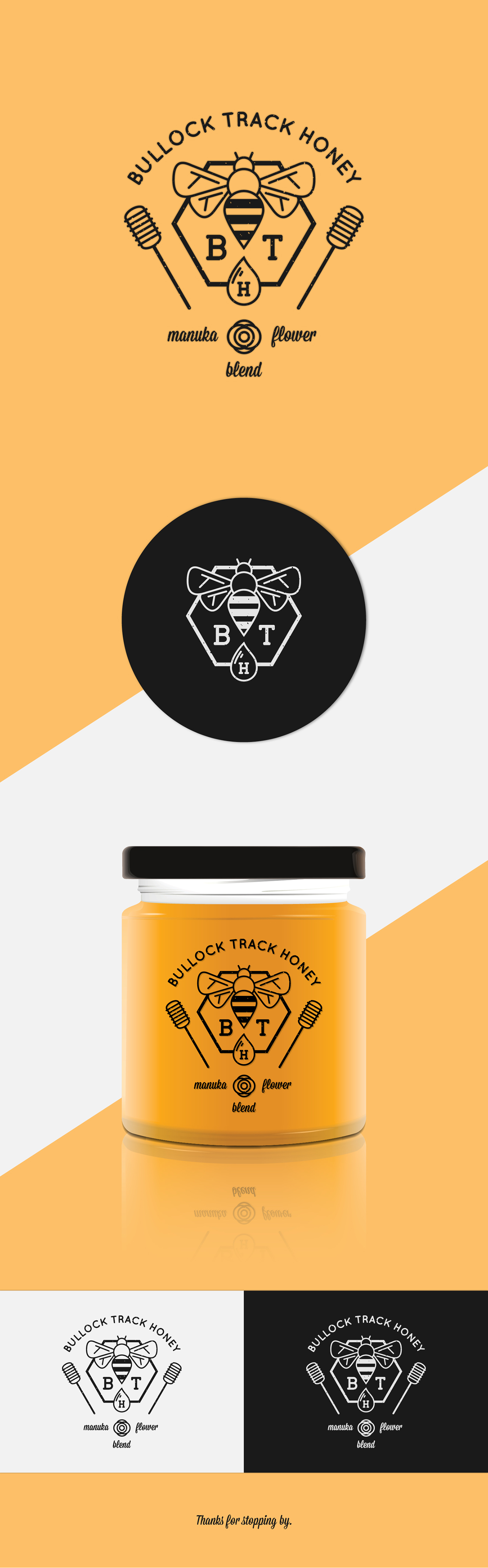 Bullock Track Honey honey logo monogram rustic Bullock track type Line Work Manuka bee honey comb honey dipper manuka flower