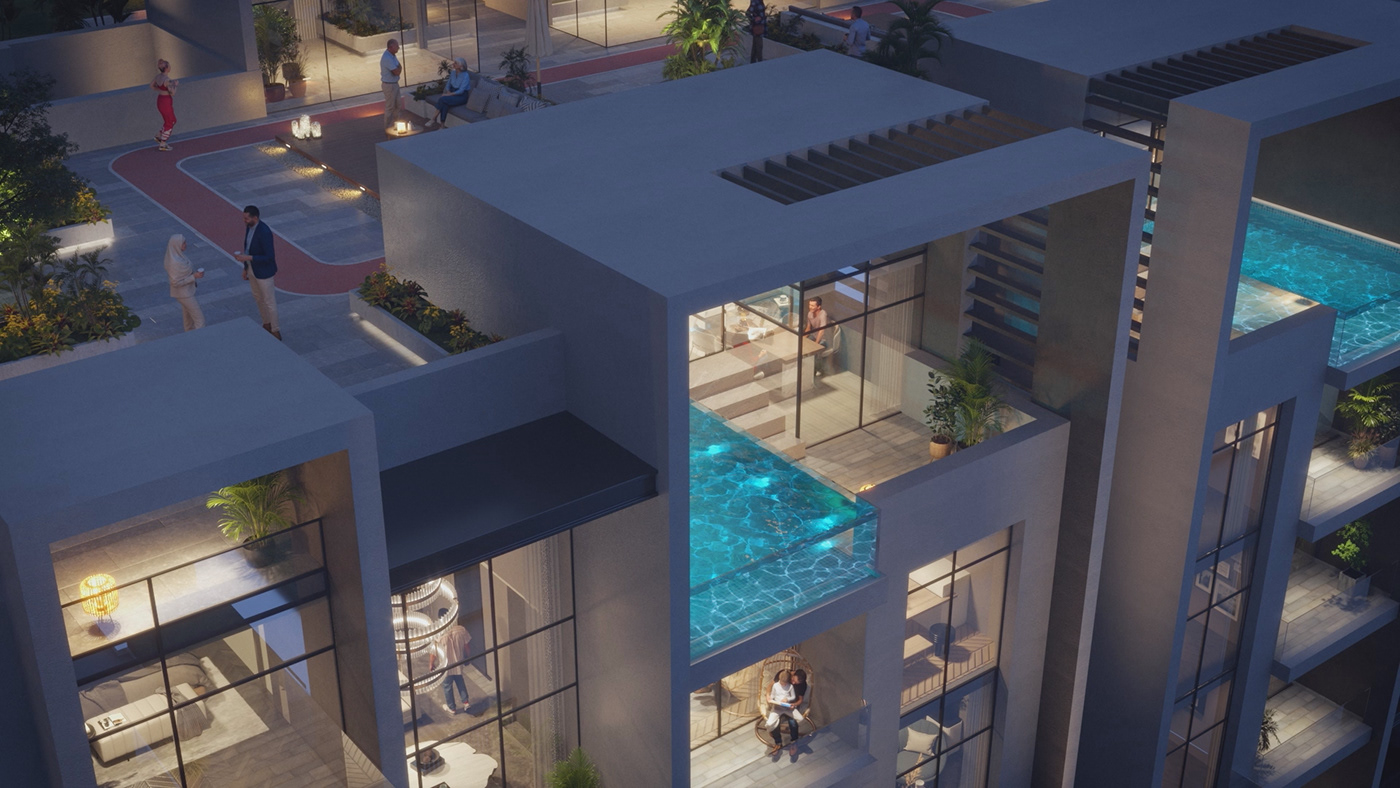 residences apartments building modern exterior architecture Landscape Design Render archviz animation 3d