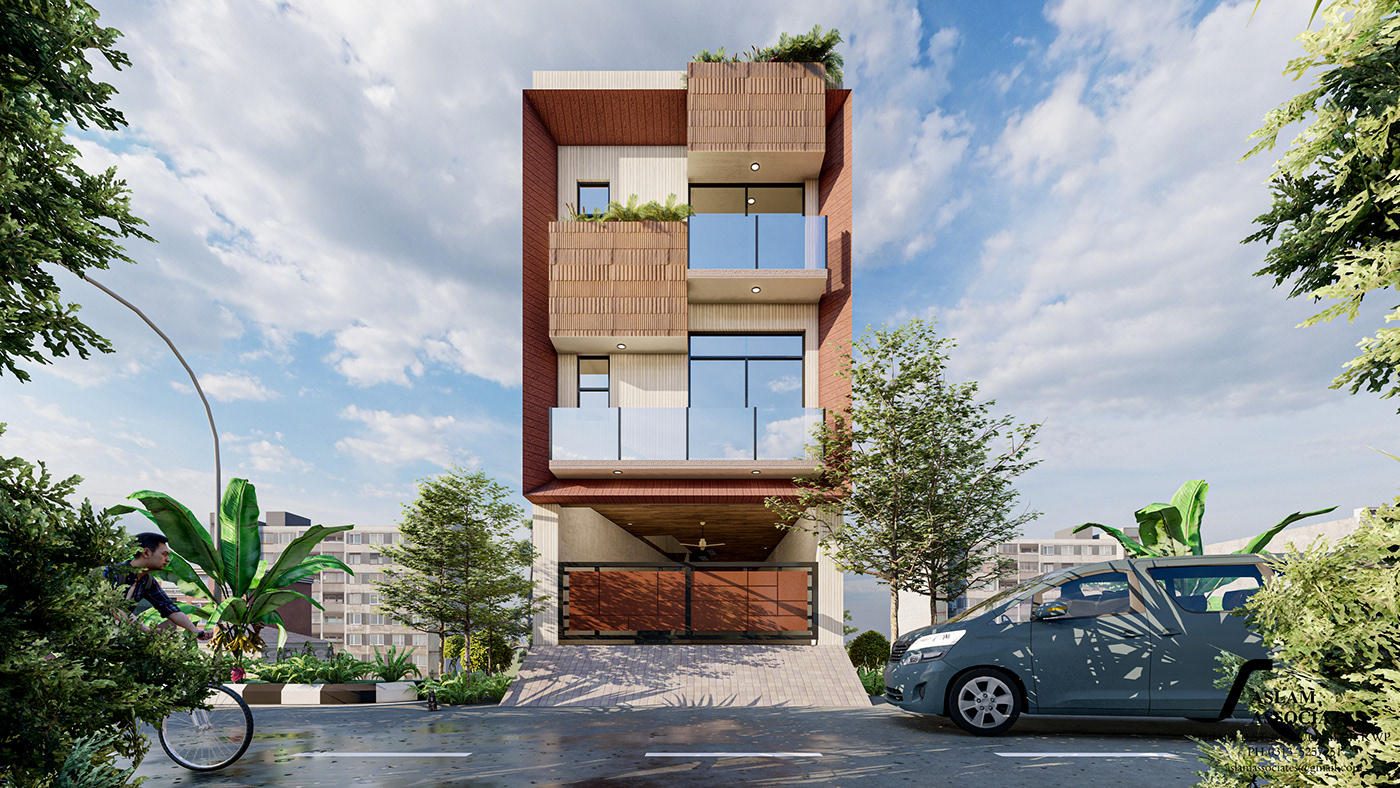 Render architecture 3D contemporary green design compacthouse Compact living ELEVATION DESIGN Smallhouse urban living
