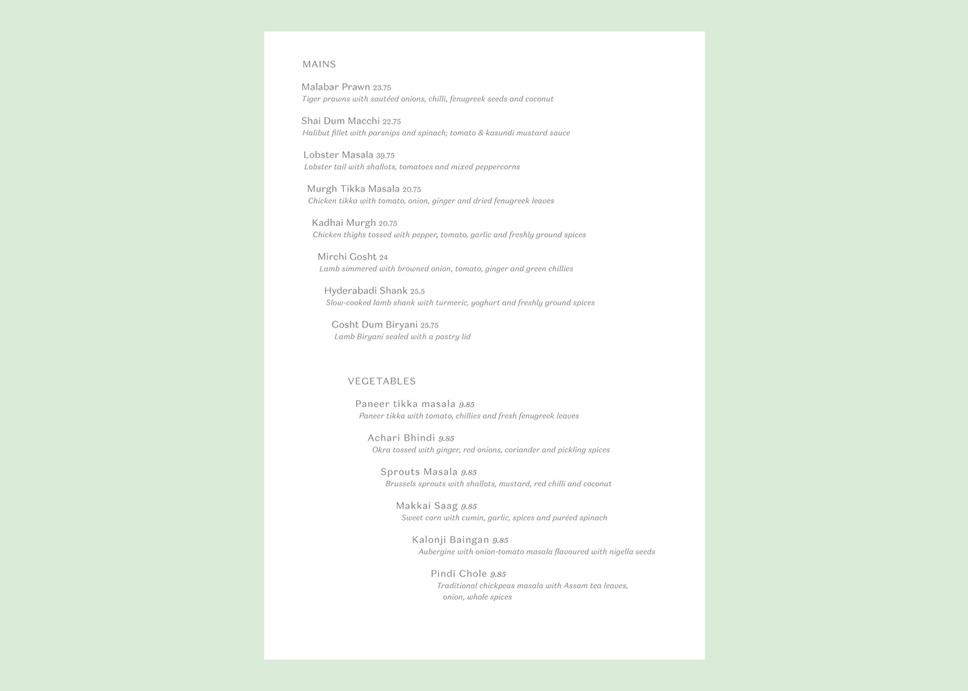 Tamarind food menu layout