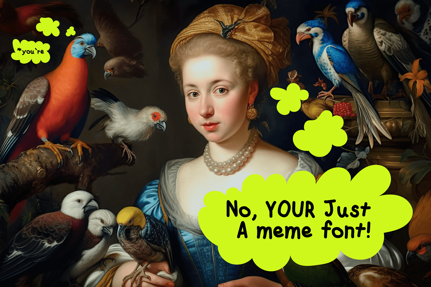 a baroque woman says "No, Your a Joke Font!" then a parrot corrects her spelling of "you're"