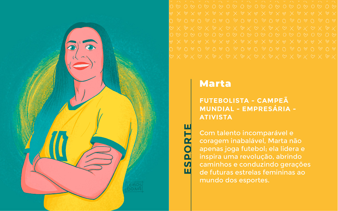 An illustrated portrait of Marta, a Brazilian famous soccer player
