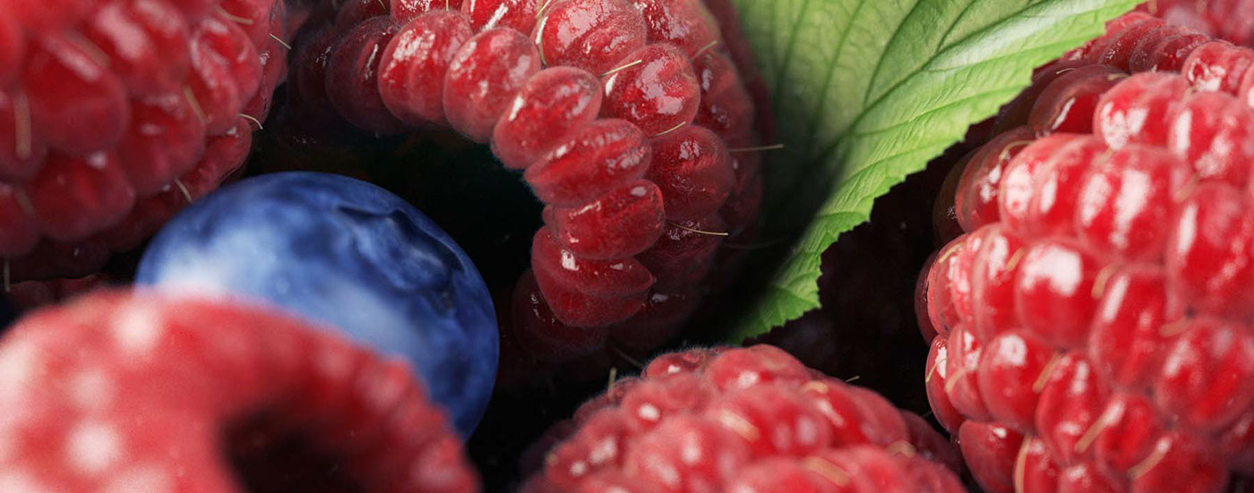 vfx CGI 3D Fruit photoreal fresh raspberry blueberry natural juicy advert Food  plants leaf still life