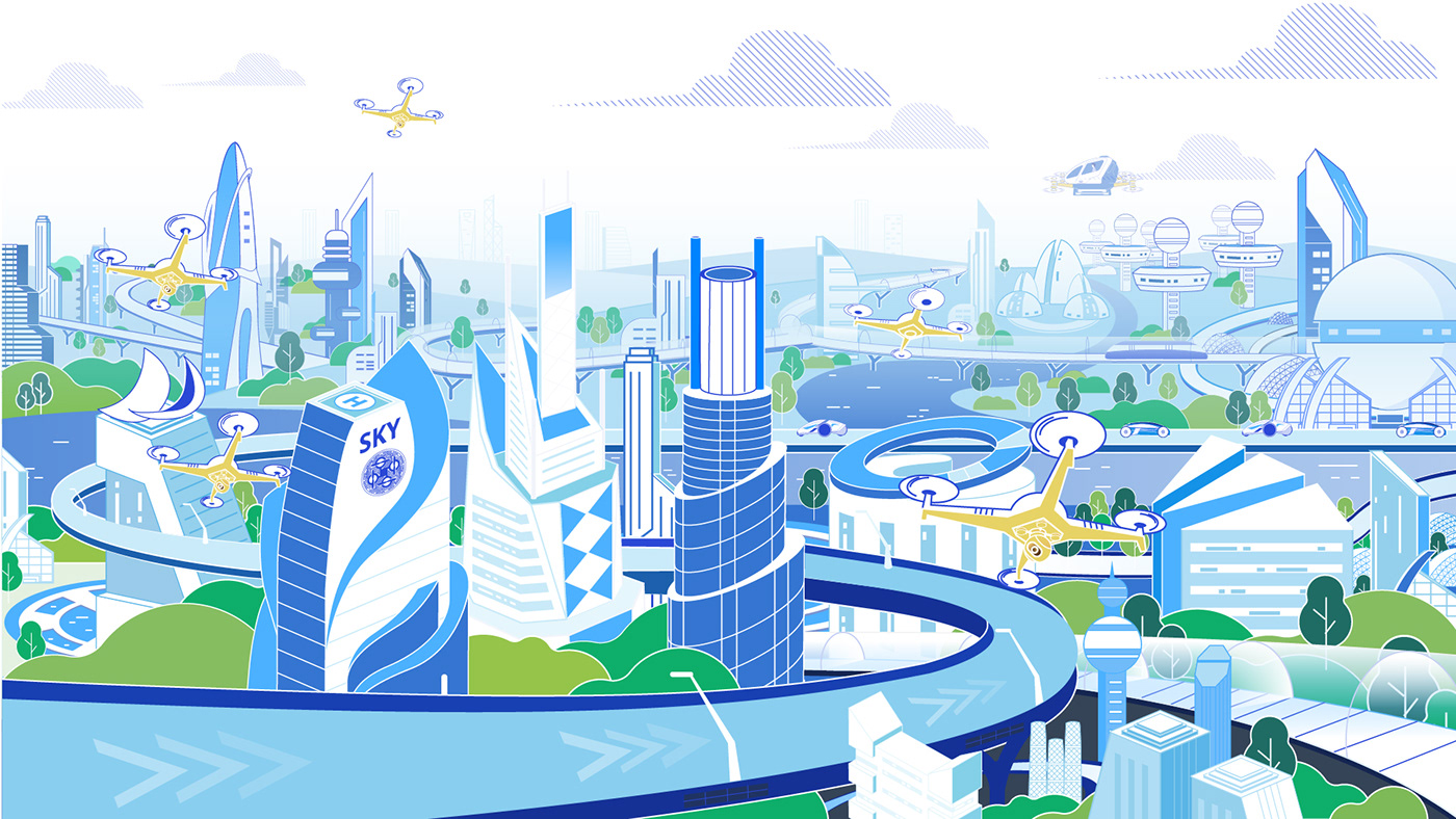 Ico SKY city modern future ILLUSTRATION  flat blue
