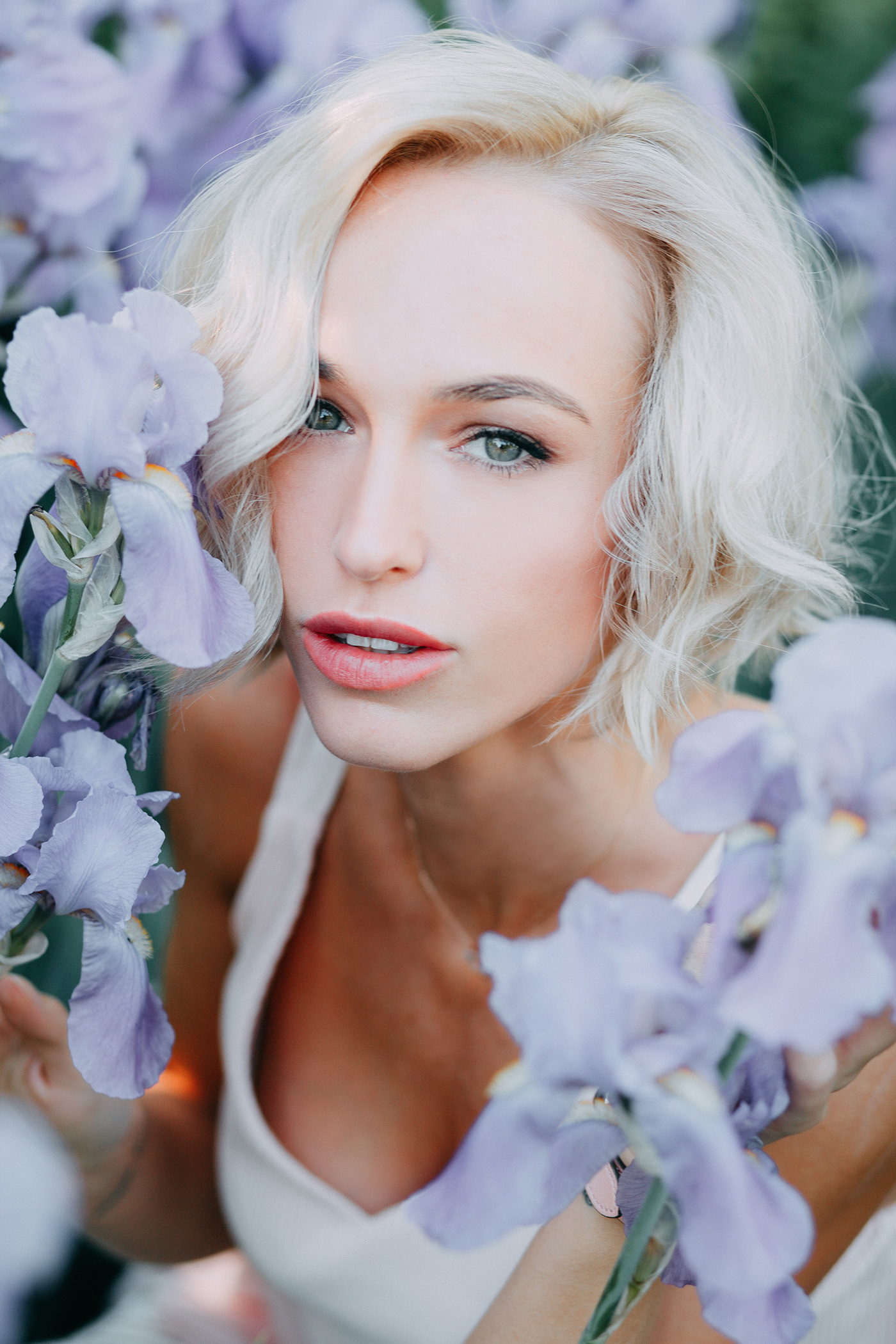 youth beauty pure nature beauty Blue Eyes blond girl Flowers summer Leasure violet flowers
