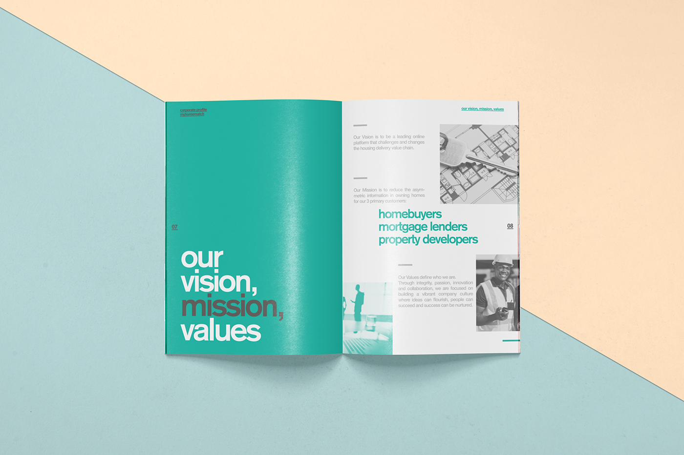 myhomematch design brochure Booklet Corporate Profile real estate Layout simple clean typographic bold company