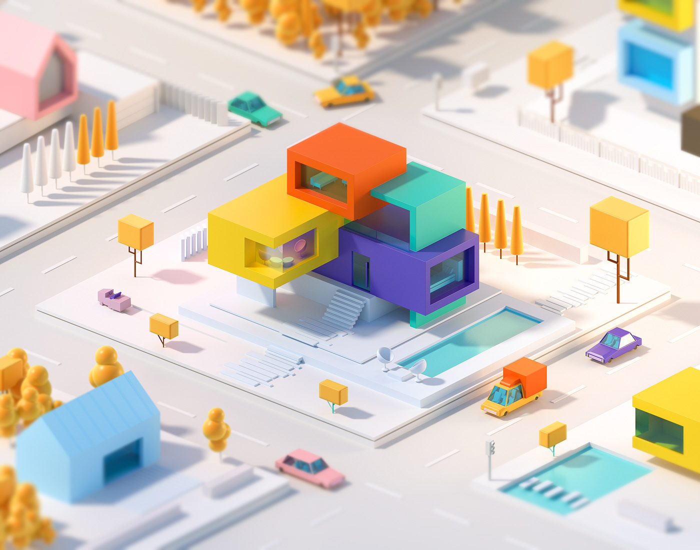 3D Cars city cubic digital house ILLUSTRATION  Isometric lowpoly modern