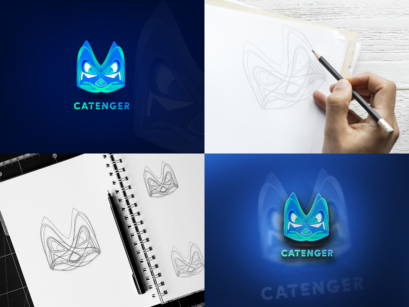 Blue color logo brand identity cat logo Gaming Logo lighting logo Logo Design Logotype mascot design neon logo design