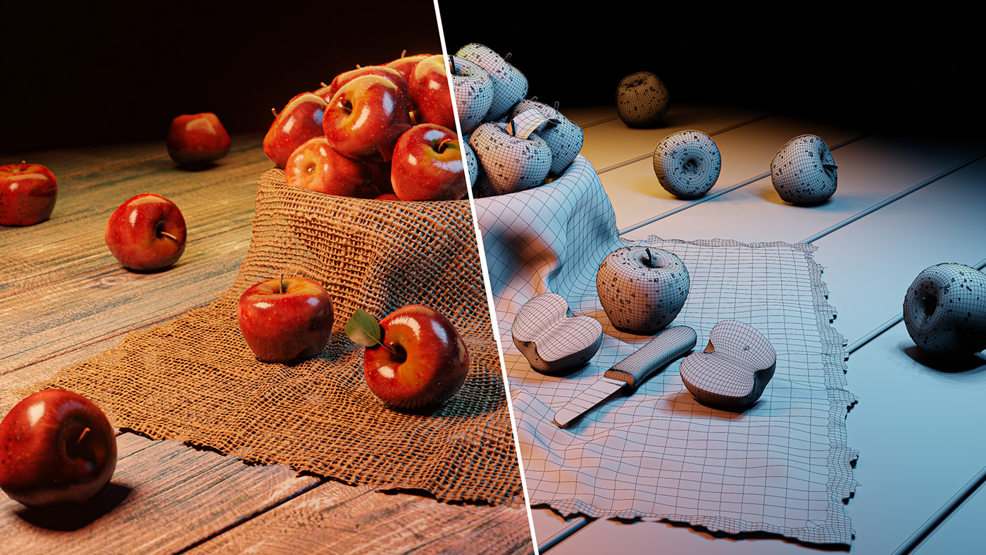 3d design apple blender Cycles render knife leaf photorealistic planks