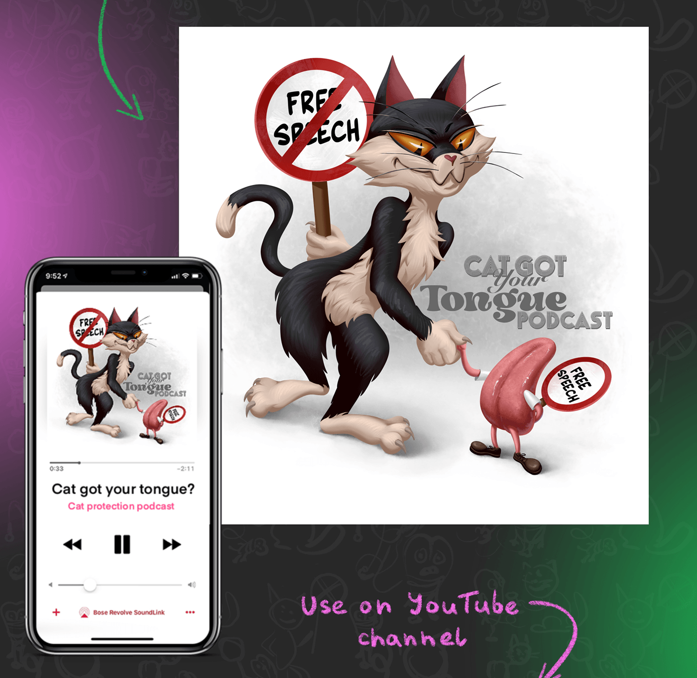 cartoon Digital Art  ILLUSTRATION  Character design  digital illustration Podcast cover Podcast Design visual identity tongue Cat