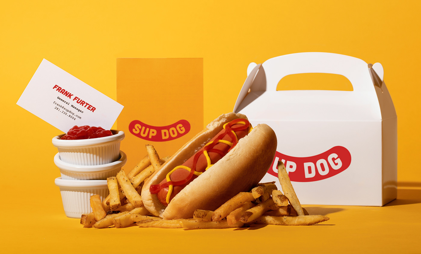 sup dog branding, and collateral images showing hotdog and packaging