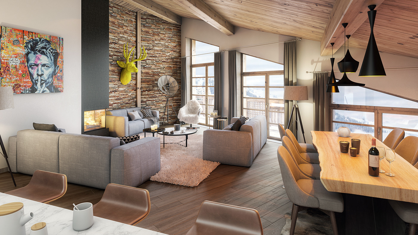 3D 3ds max archviz chalet cosy Interior Perspective snow vray winter