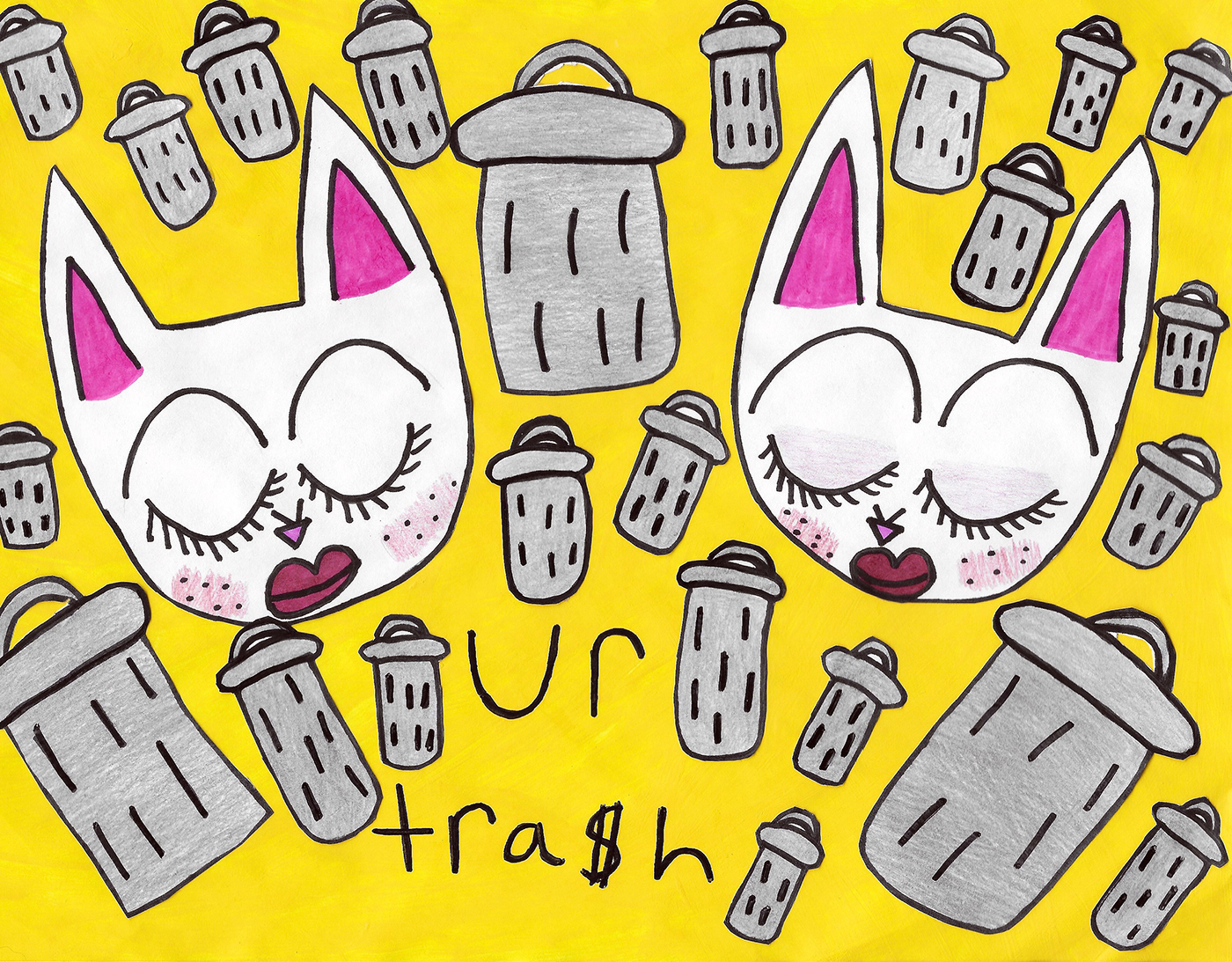 cats kitten animal cute kawaii trash dumpster punk grunge mixedmedia illustrations Illustrator Cat trashcan