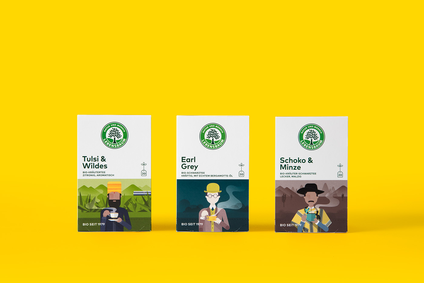 Packaging tea organic wanderlust lebensbaum bio Pioneer yellow green studiochapeaux