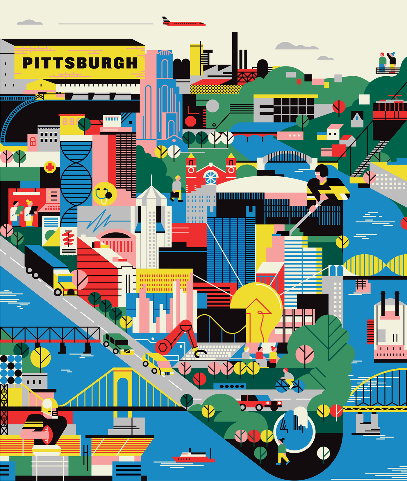 dossier United Airlines Pittsburgh aleksandar savic Vector Illustration city steel start-up buildings hemispheres
