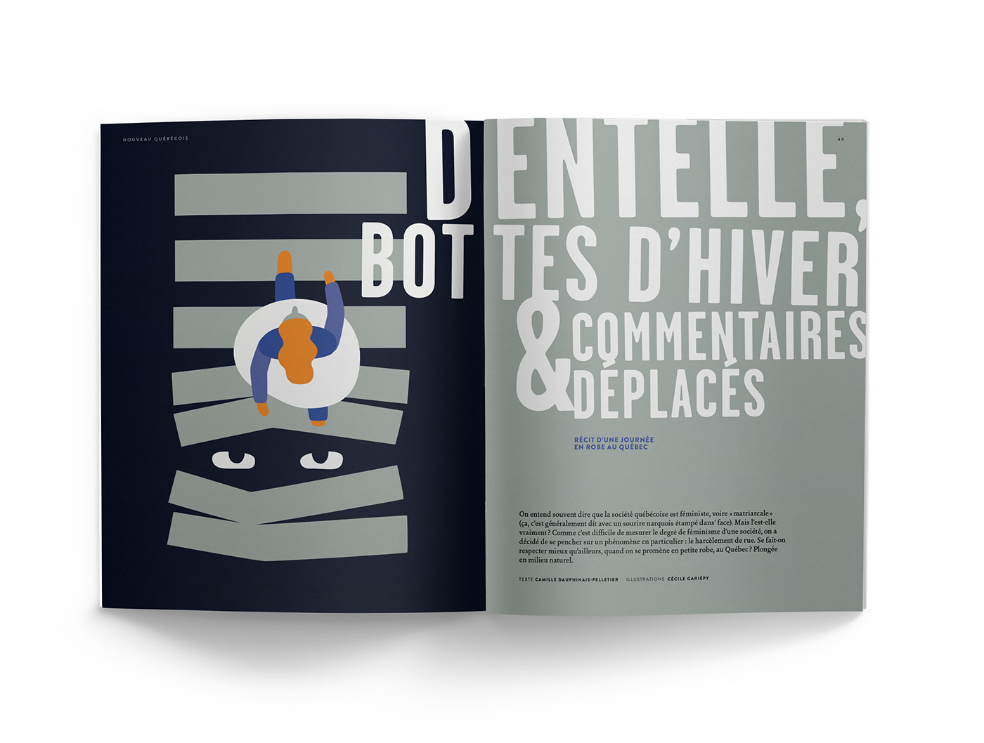 magazine Layout ILLUSTRATION  photo Quebec ali spread editorial typography   blue