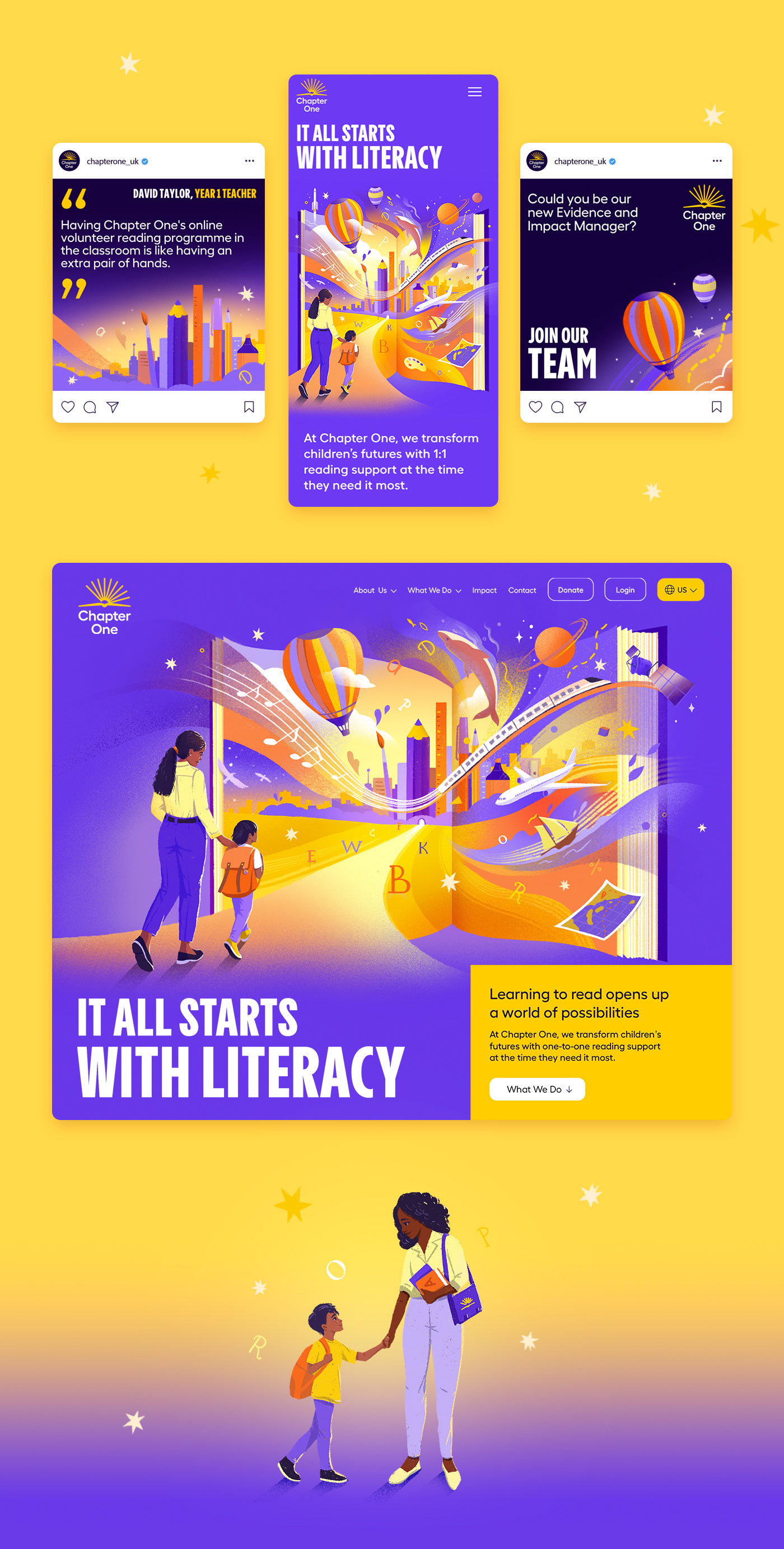 flat branding illustration for charity  organization helping kids to learn reading by anna kuptsova