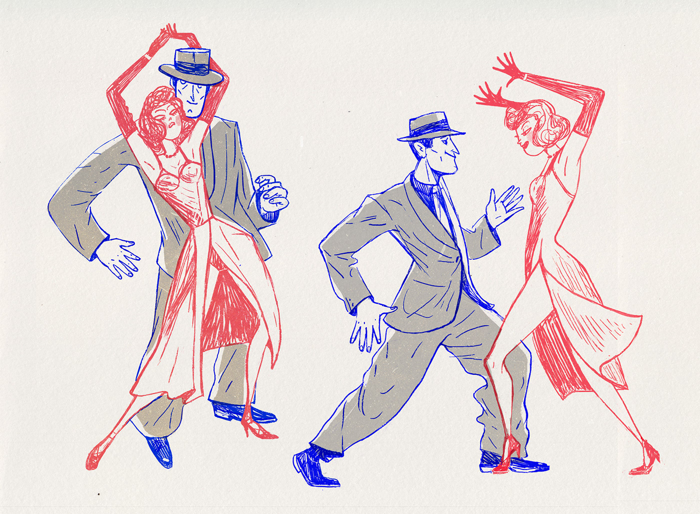 tango characters man suit dress woman jazz