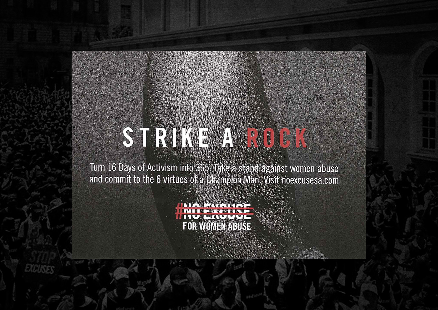 16 Days of activism Carling Black Label fist Gender Based Violence No excuse Pring Ad strike a rock strike a woman tactical