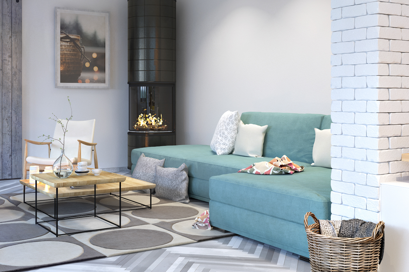 scandinav interior design  3d max vray Render living room dining