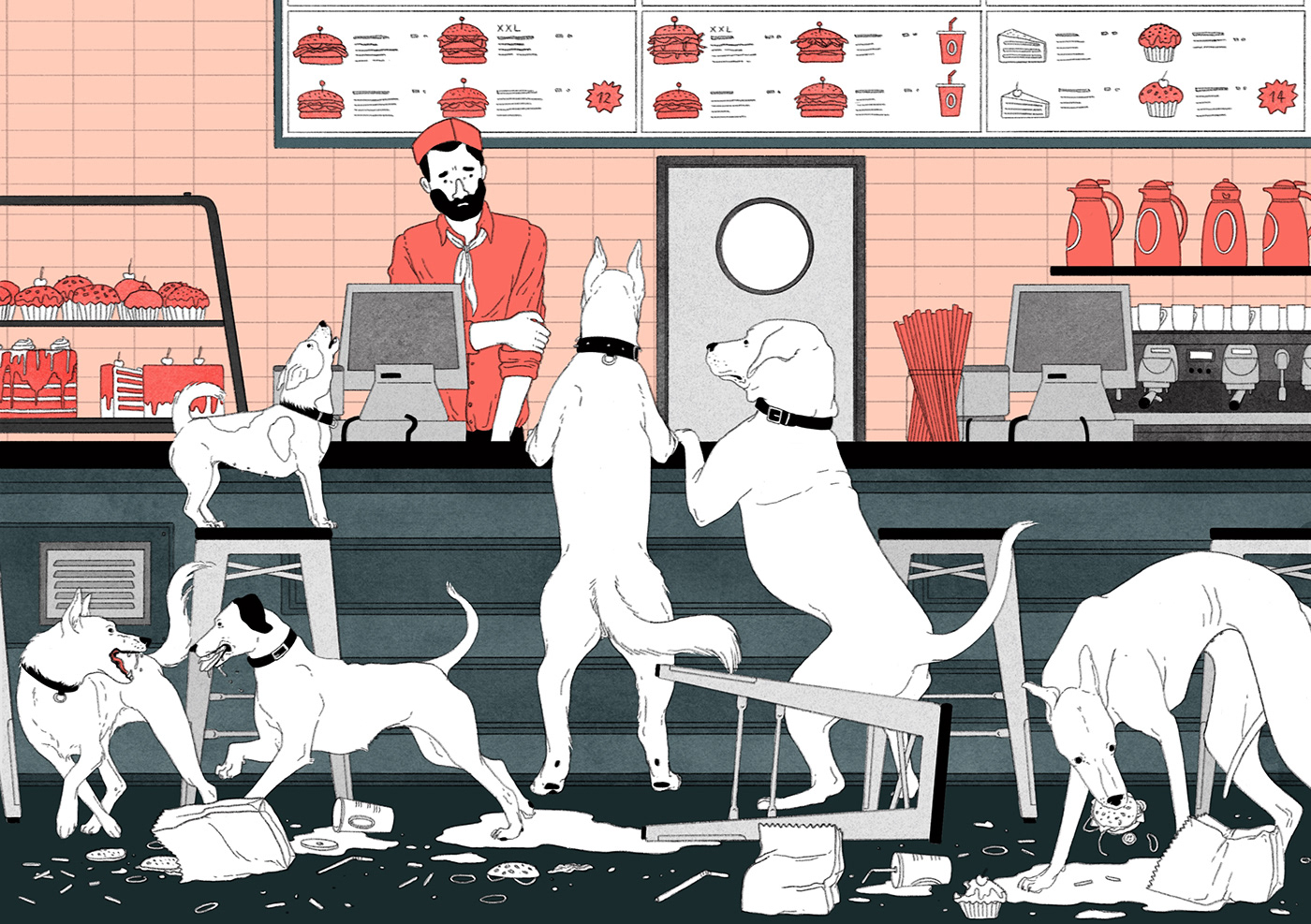 ILLUSTRATION  juliabernhard details flat colors Procreate dogs burger Fun editorial Editorial Illustration