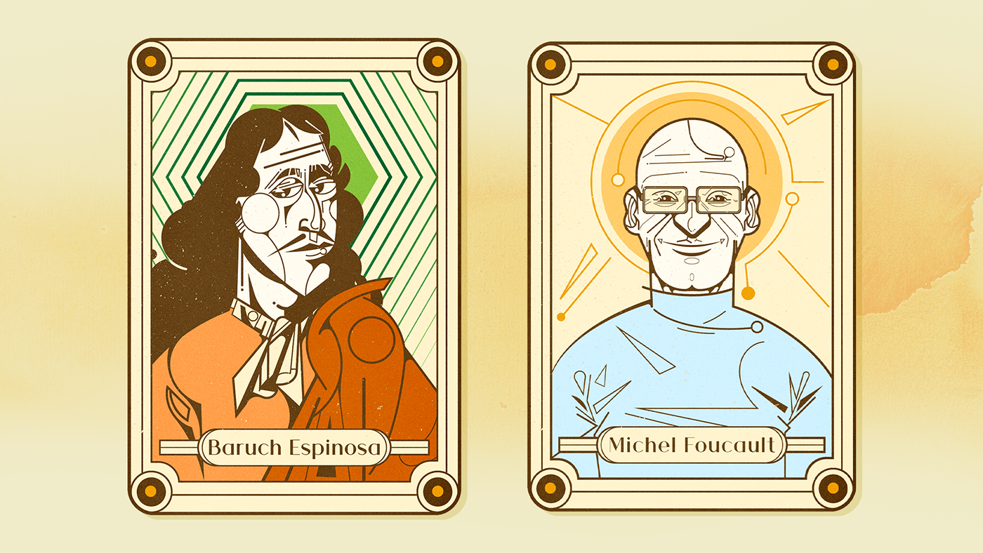 illustration of two tarot cards with the faces of philosophers Spinoza and Michael Foucault