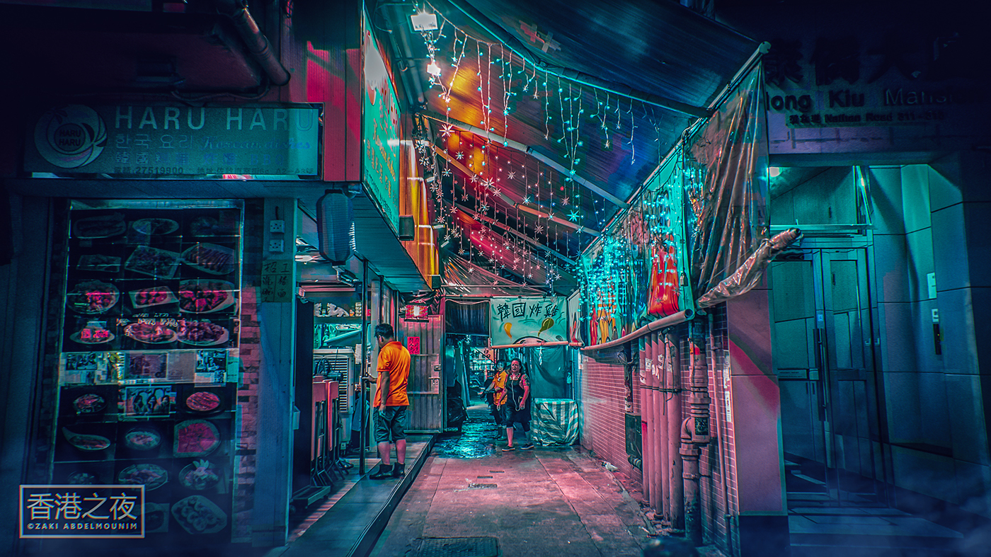 Neo-Noire vaporwave Cyberpunk futuristic Urban Street Photography  night neon Hong Kong