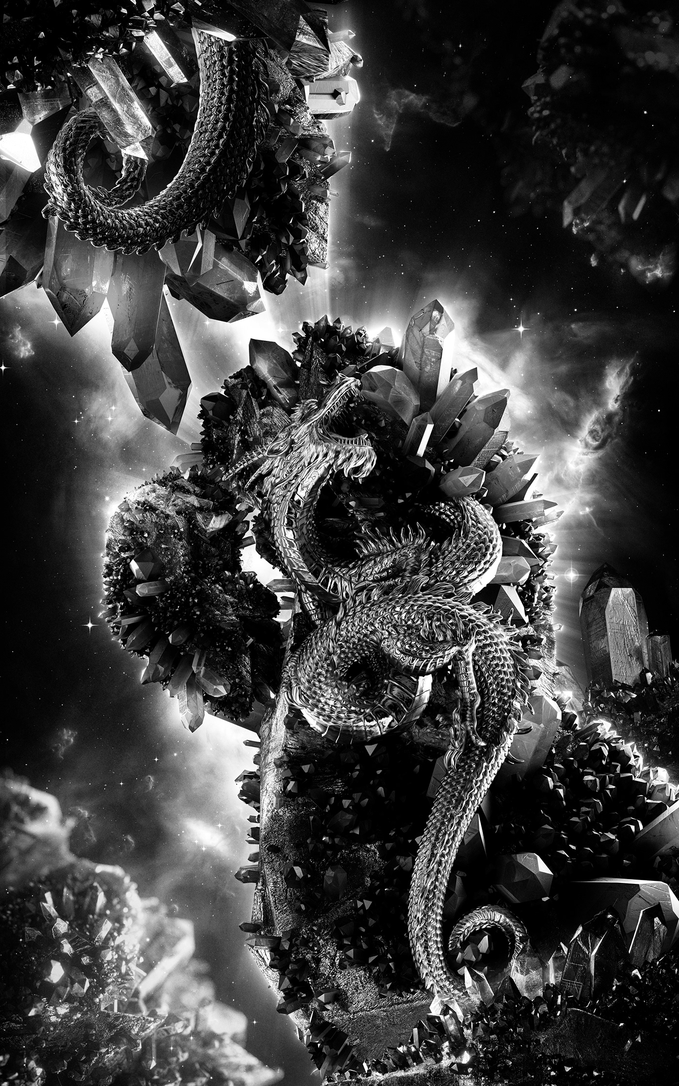 3D abstract CGI cinema 4d crystal Digital Art  dragon fantasy ILLUSTRATION  Space 