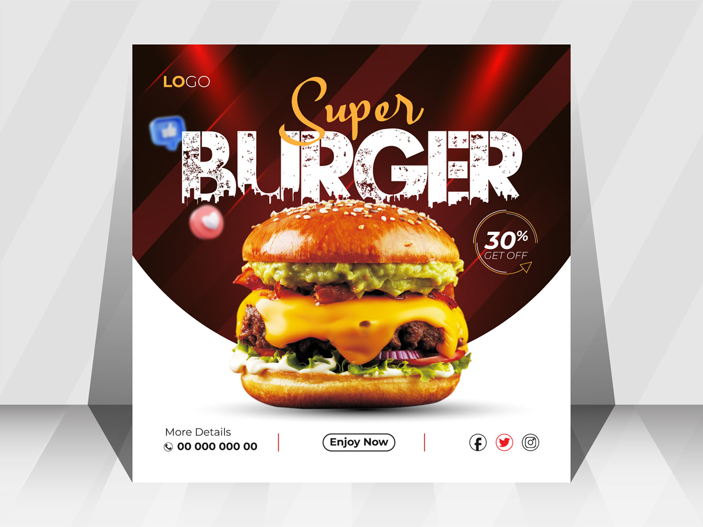 Social media post with burger food theme.