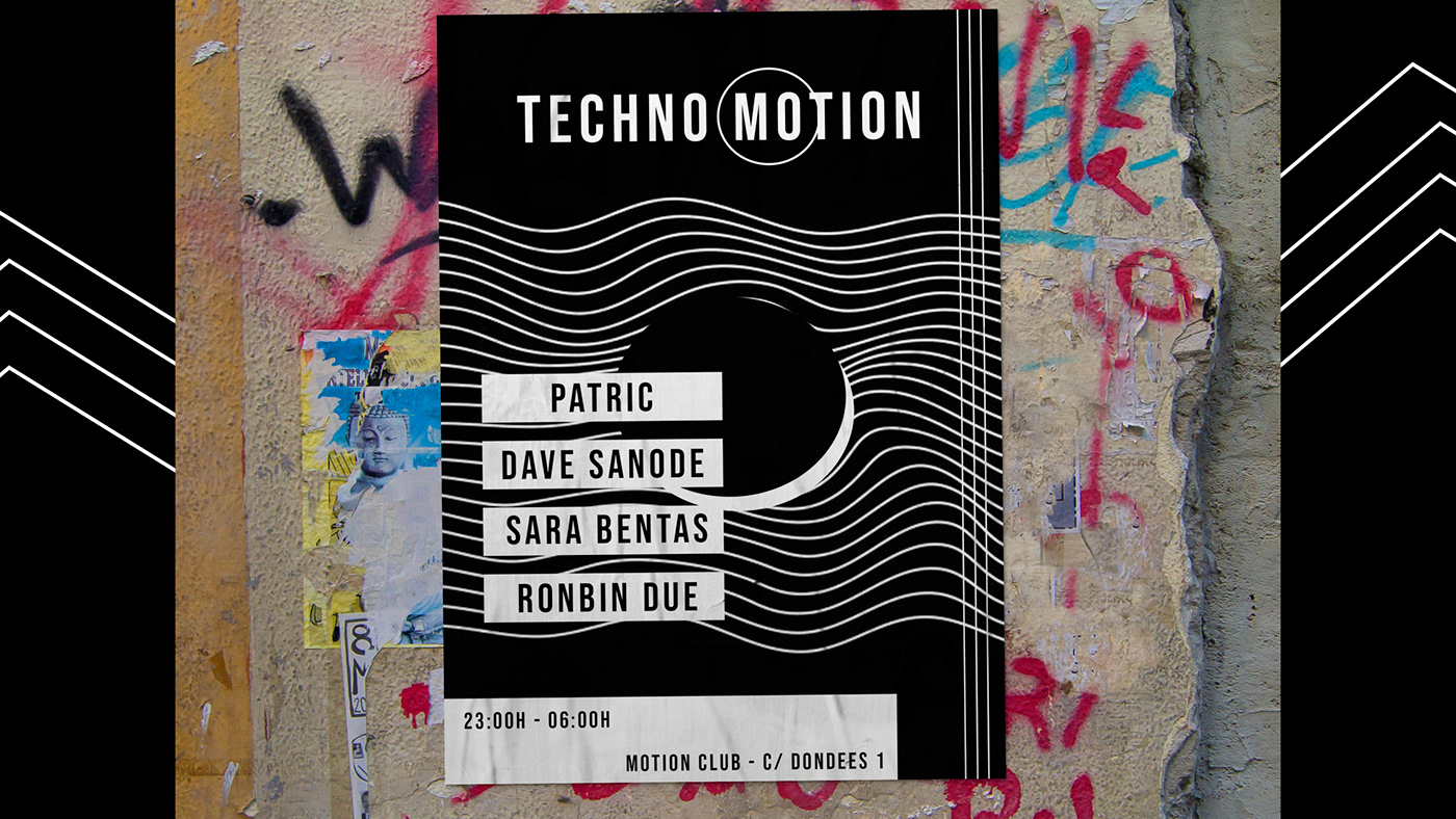 Discover the design of techno motion, a techno music event that is advertised on the streets