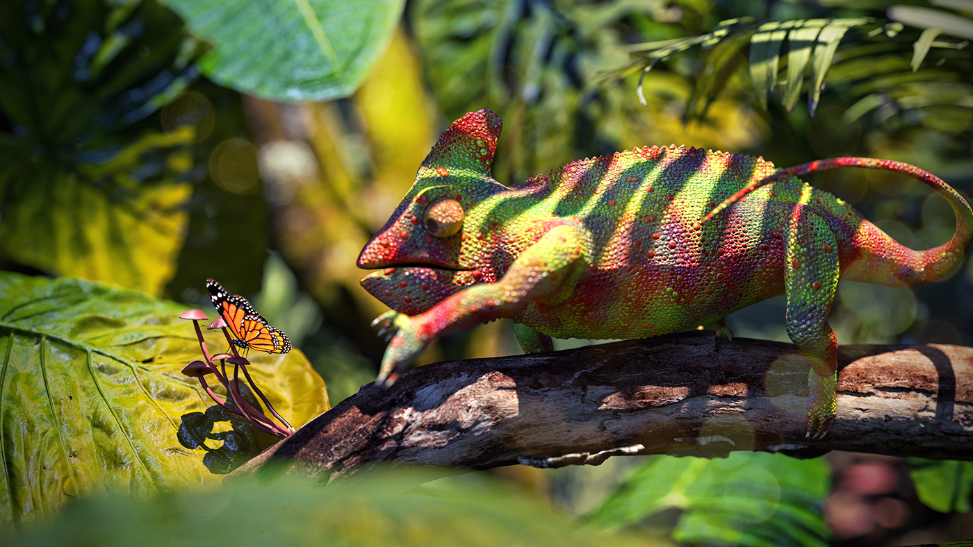 CGI chameleon butterfly megascan jungle macro forest color 3D animal