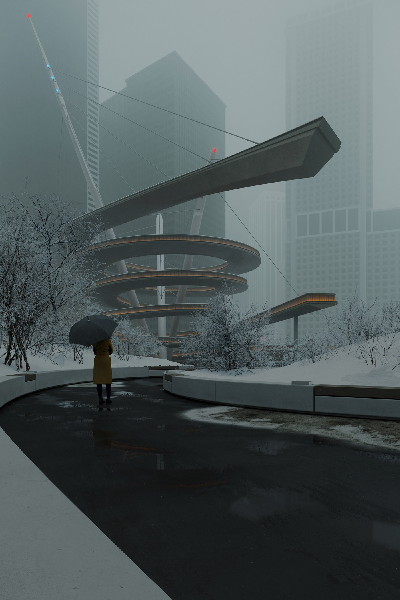 architecture CGI fog maquette New York parametric Render tower viz winter