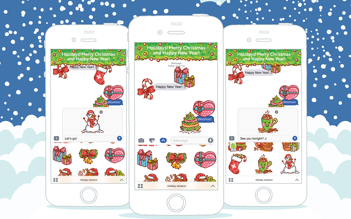 stickers holidays new year Christmas Merry Christmas imessage Cat bear cute snow