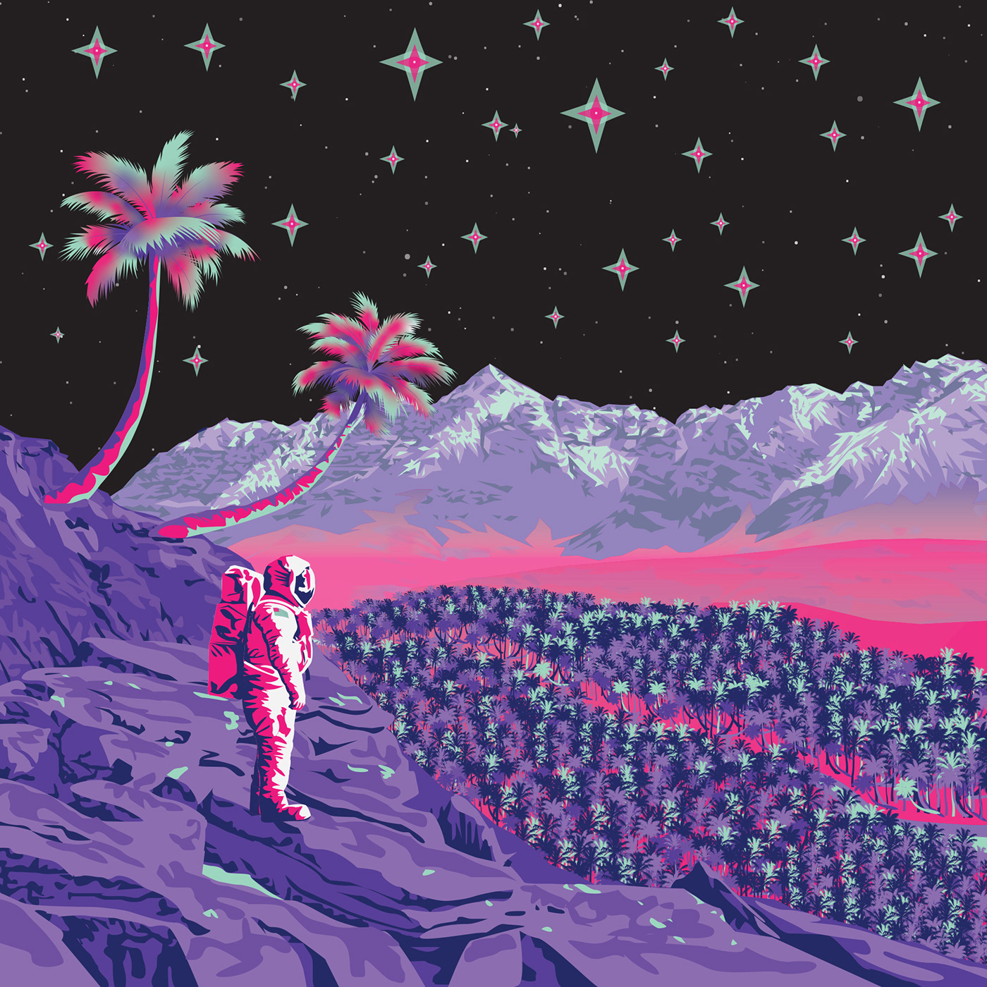 spaceman astronaut Space  planet Alien Planet Palm Trees colour mountain Palm Tree scenery