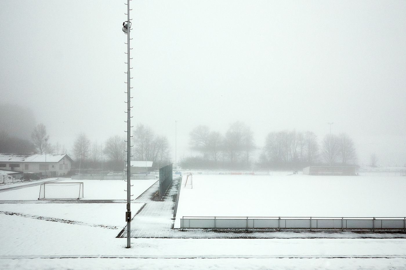 sports field sports ground Soccer Field winter snow Landscape fog misty atmospheric goal