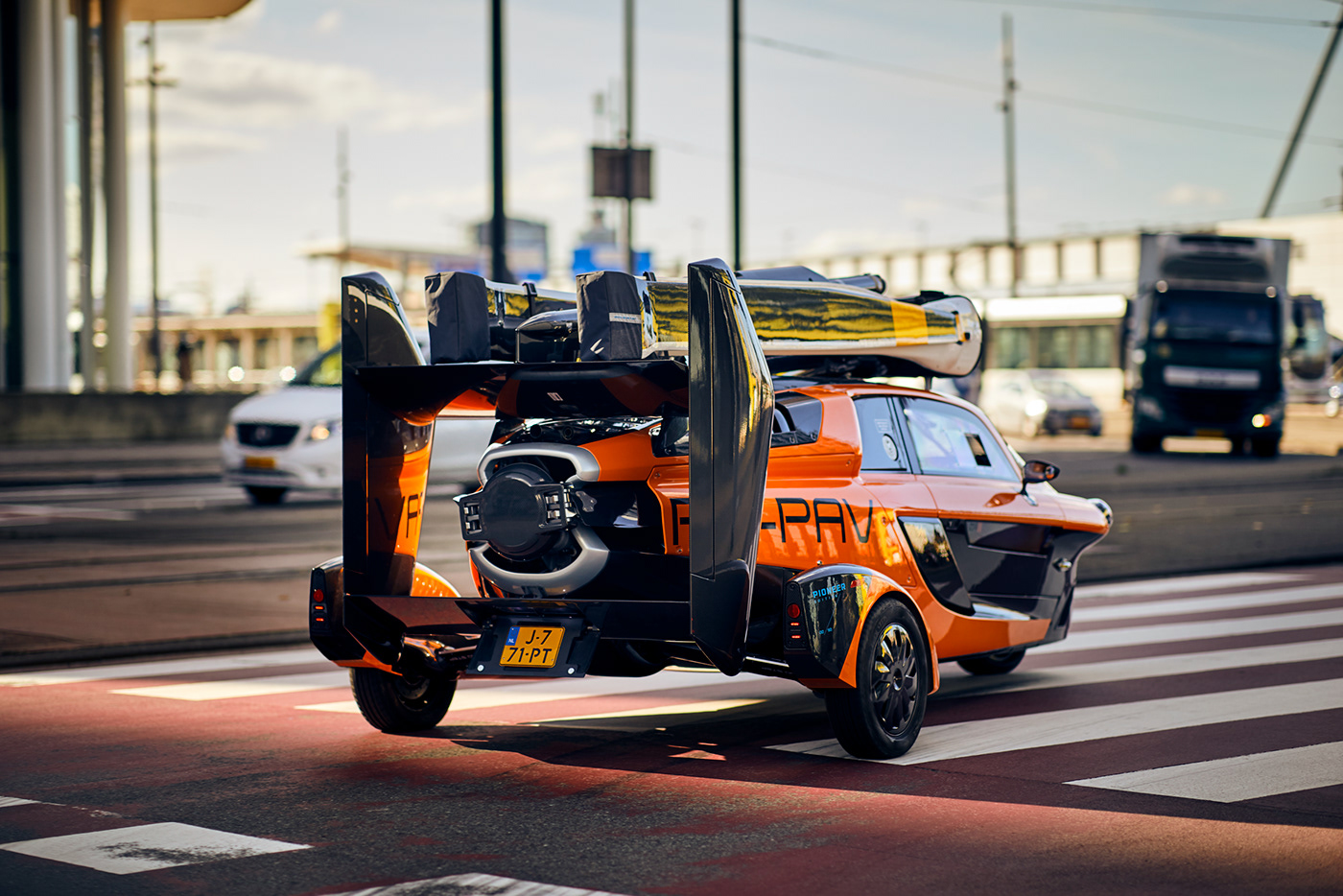 automotive   car Flying Car helicopter orange Rotterdam sunset