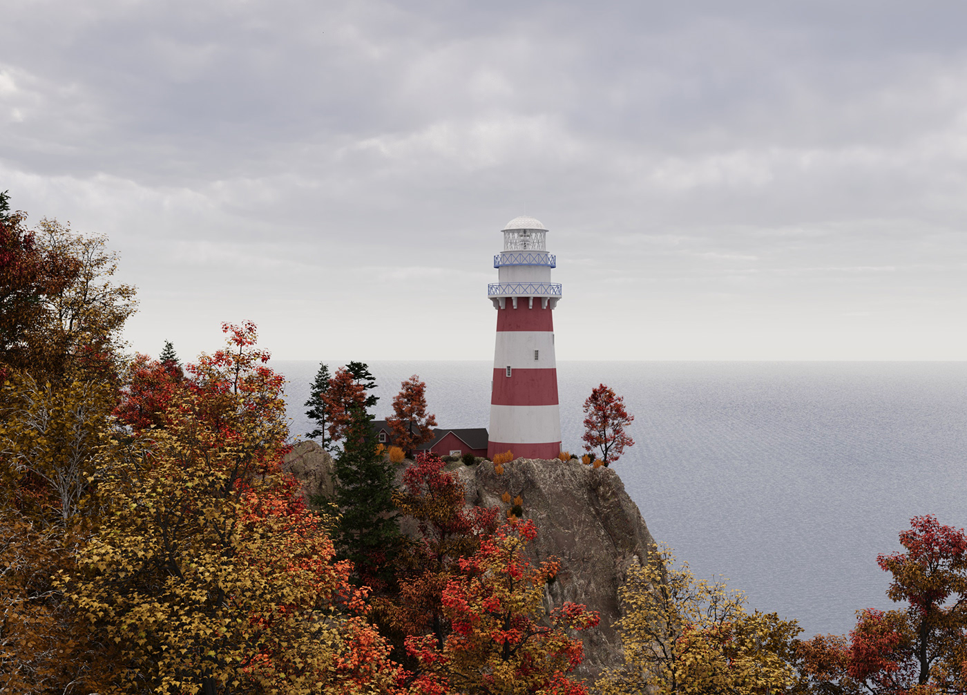 lighthouse lake Nature clouds autumn cliff rock