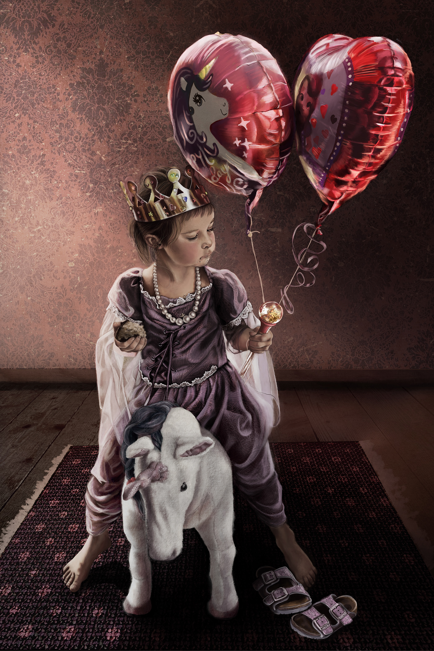 ballon childhood collage Figurativ interieur mixed media painting   portrait Princess unicorn