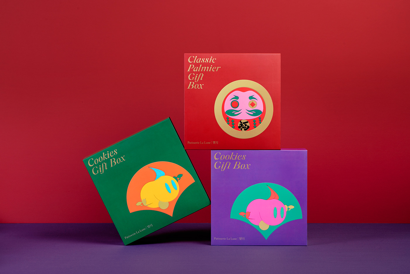 box design chinese new year cny festive packaging design Patisserie La Lune pengguin tiger 望月 達摩