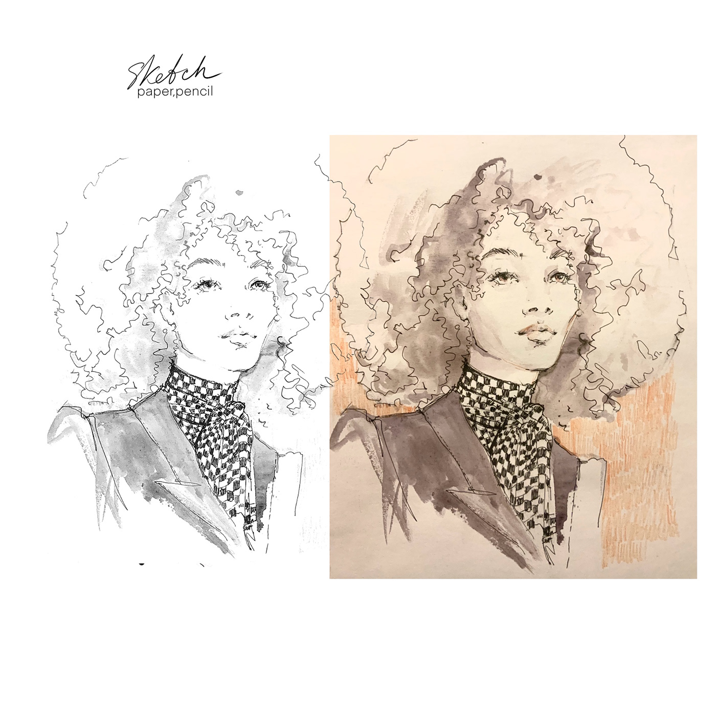Drawing  Fashion  portrait Retro sketch Style