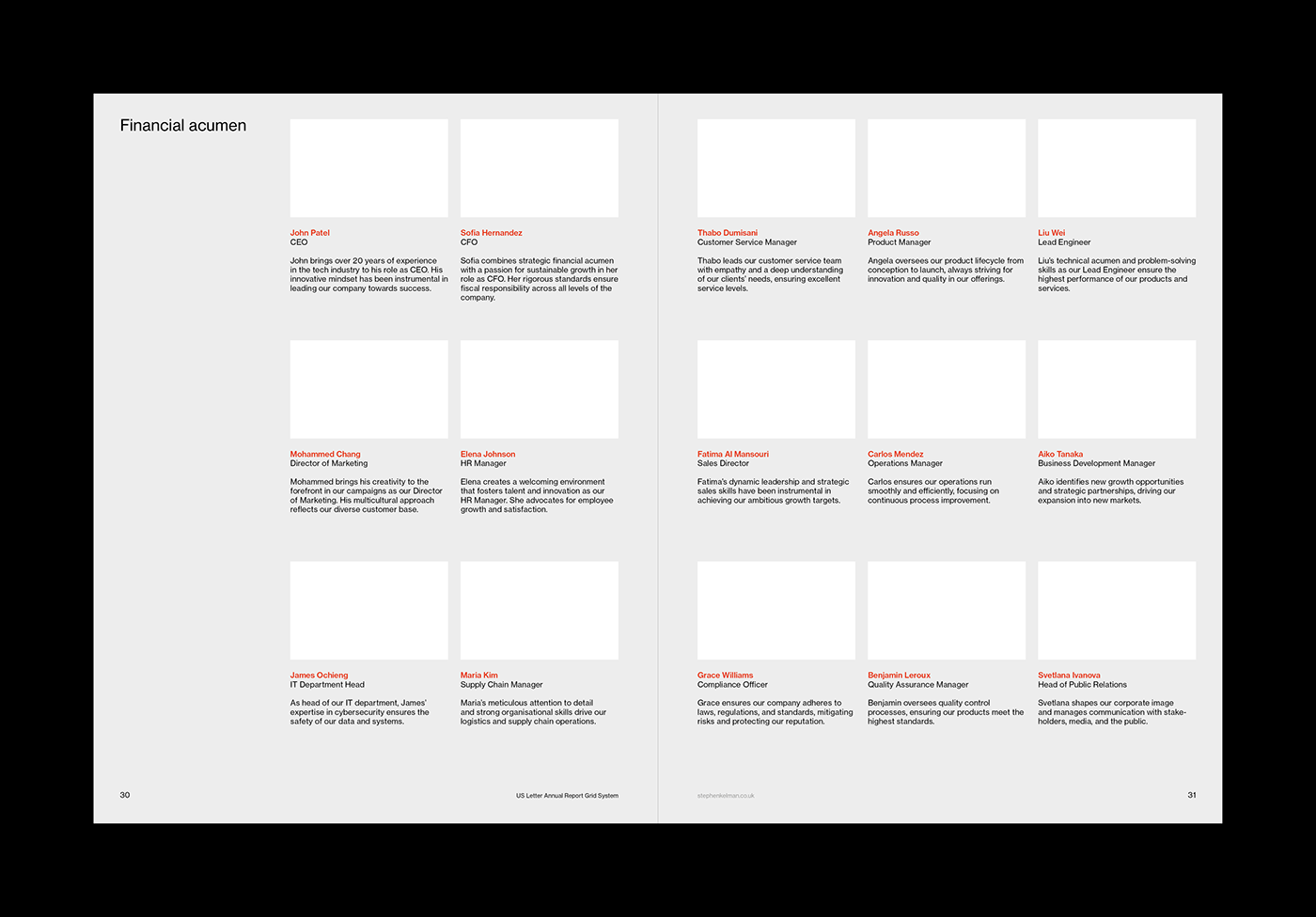 US Letter Annual Report / Corporate Brochure Grid System for Adobe InDesign | Layout Spread Examples