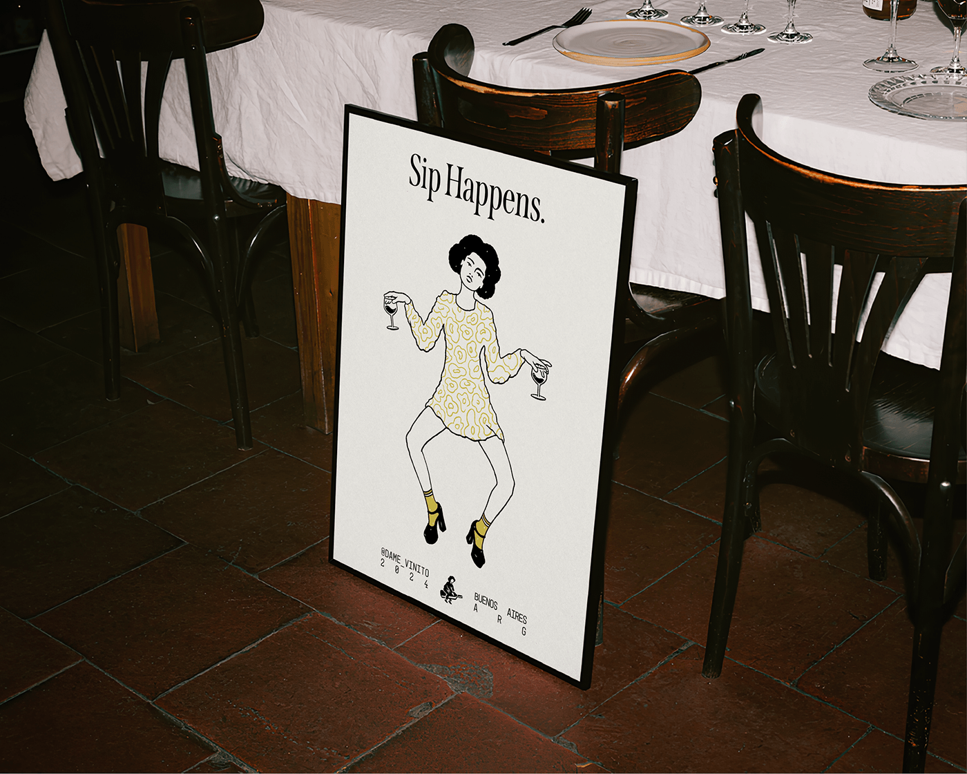 Framed poster at a restaurant.