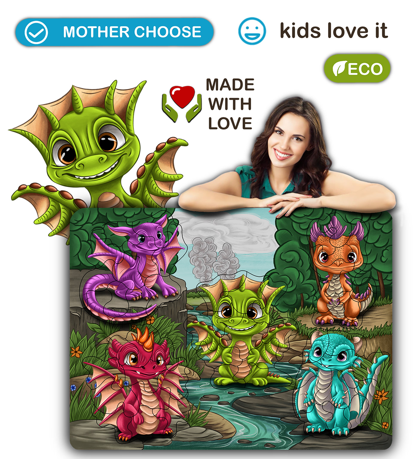 puzzle dragon kids illustration kids kids game game Digital Art  Character design  Drawing  Wooden Pazzles