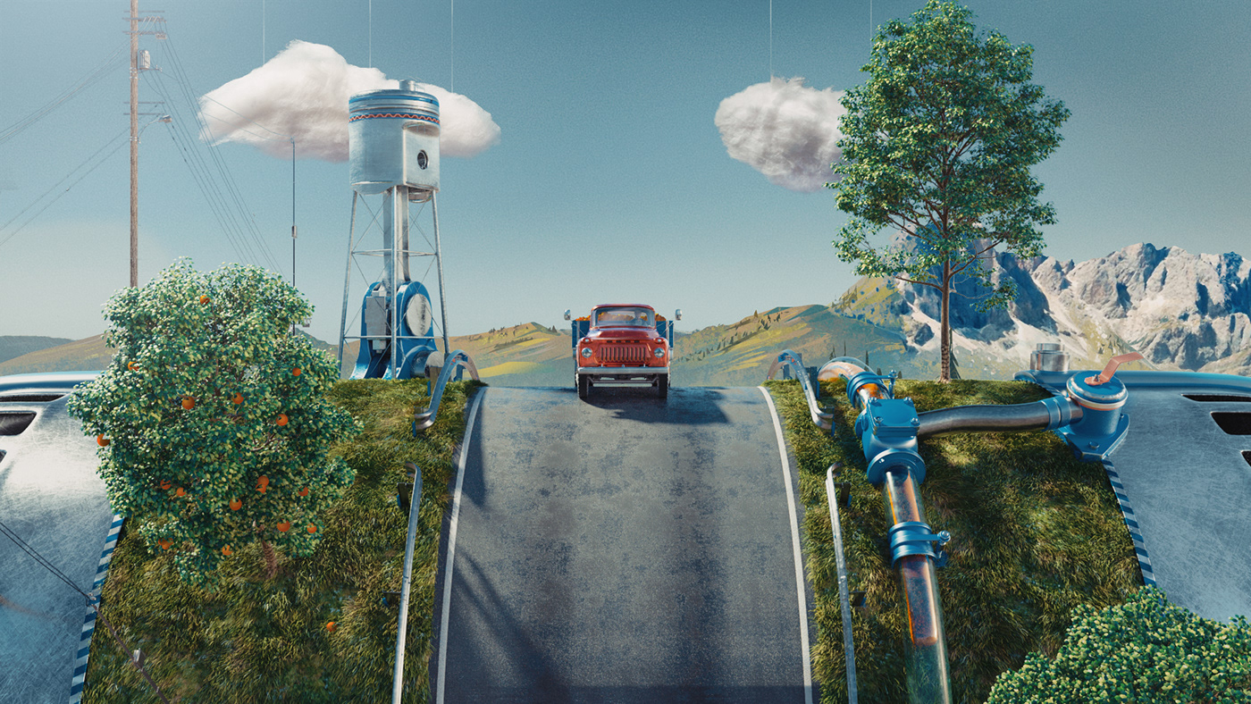 oil car Miniature Truck Diorama surreal whimsical farm Pipe engine