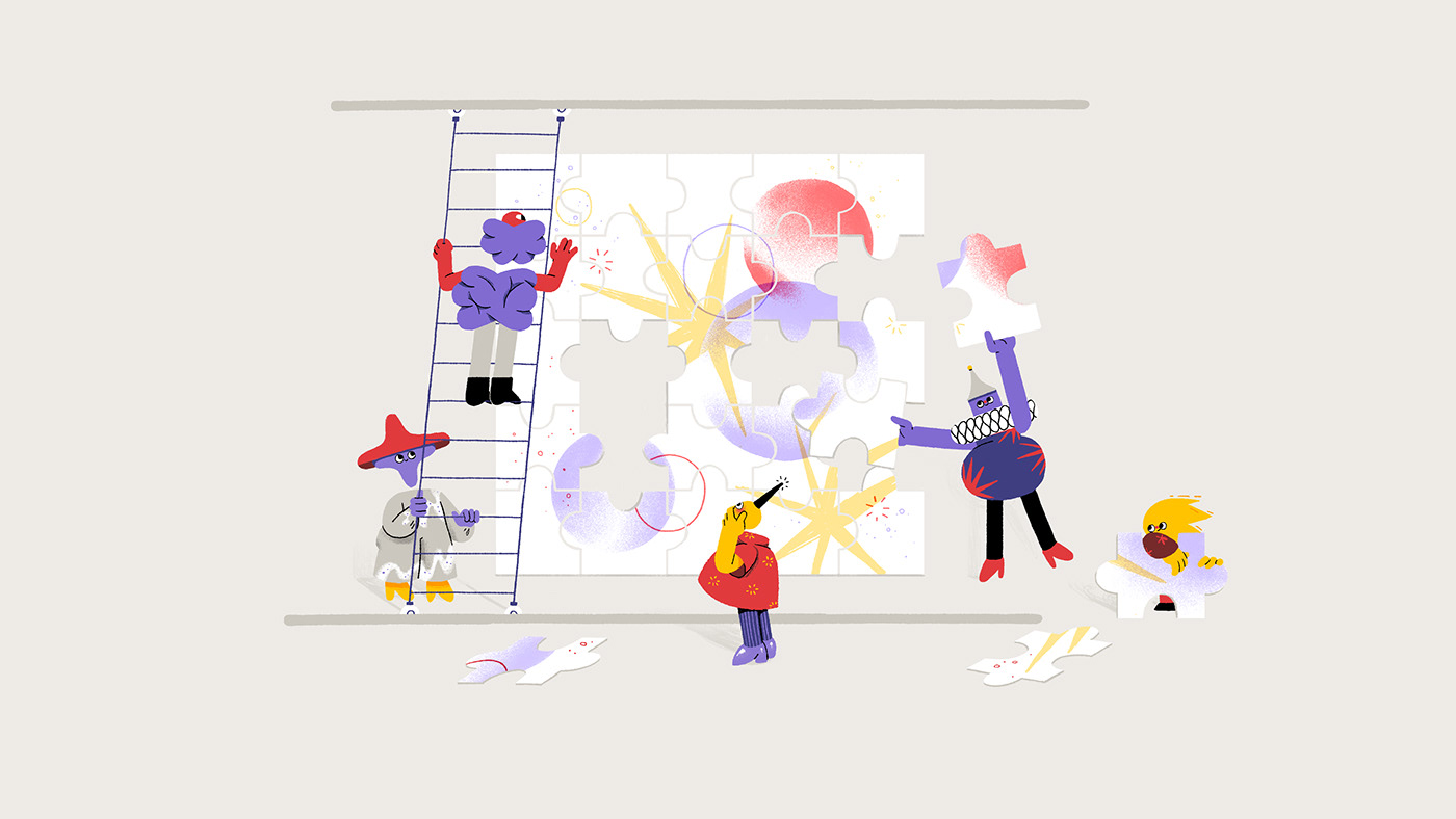 branding illustration, magical characters doing a puzzle, teamwork 
