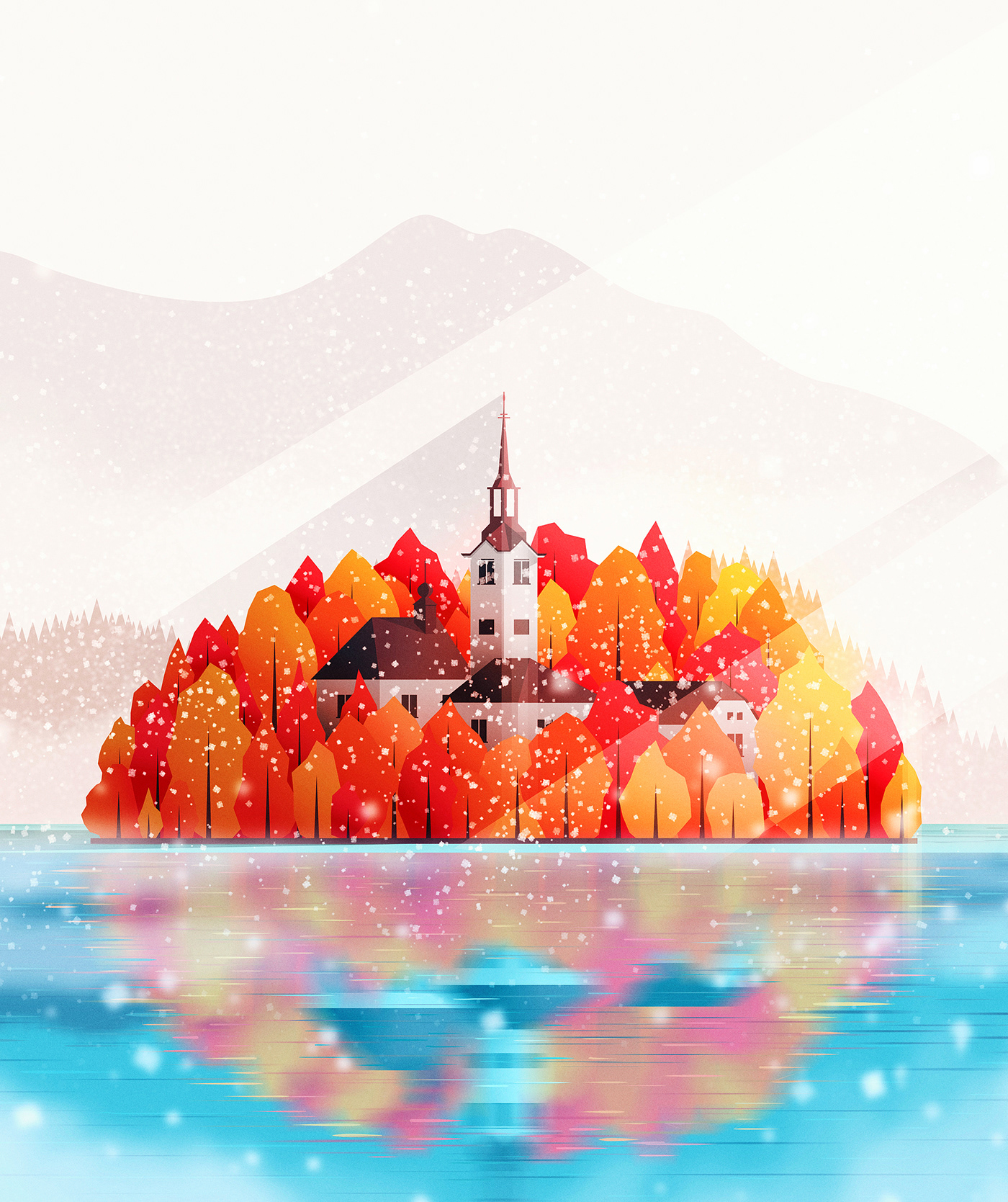 art digitalart Minimalism autumn winter snow forest lake village Nature