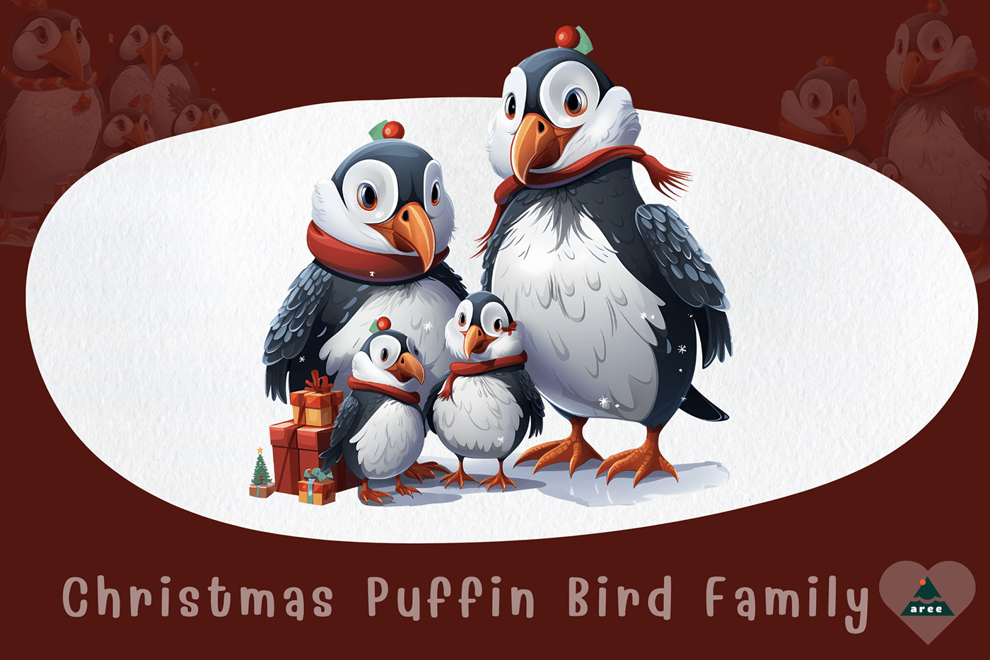 bird Digital Art  artwork puffin Christmas family Character cute animals